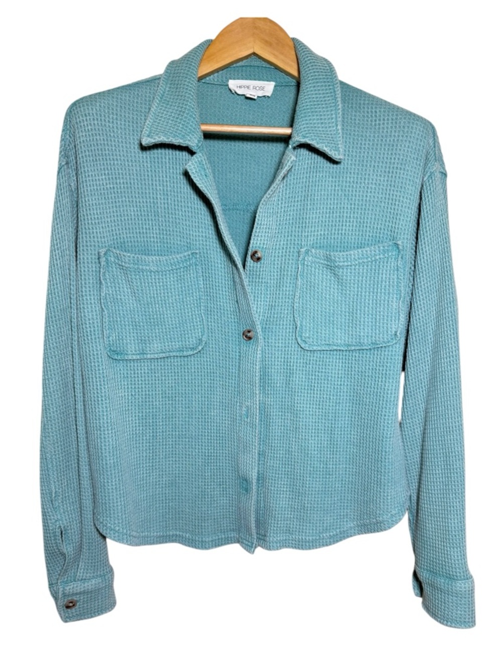 Hippie Rose Waffle Knit Cotton Long Sleeve Button-Down Turquoise Teal Large